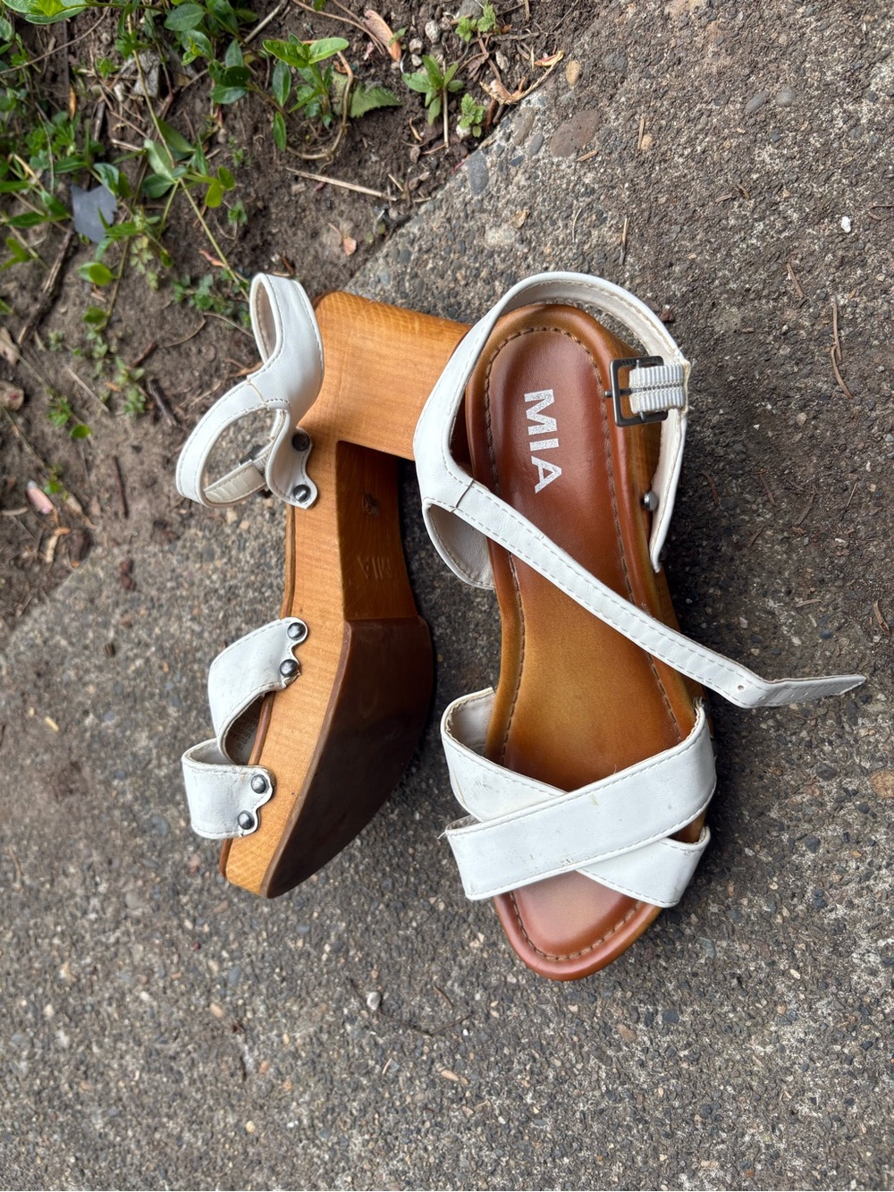 MIA White Leather Crisscross Wood Platform Sandals with Ankle Strap